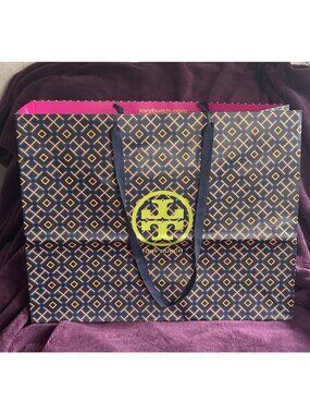 Tory Burch Geometric Logo Shopping Gift Bag Navy Orange Extra Large 20 x15.5 x 6